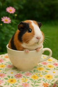 kleines Meerschweinchen sitzt in Tasse mit Blumen